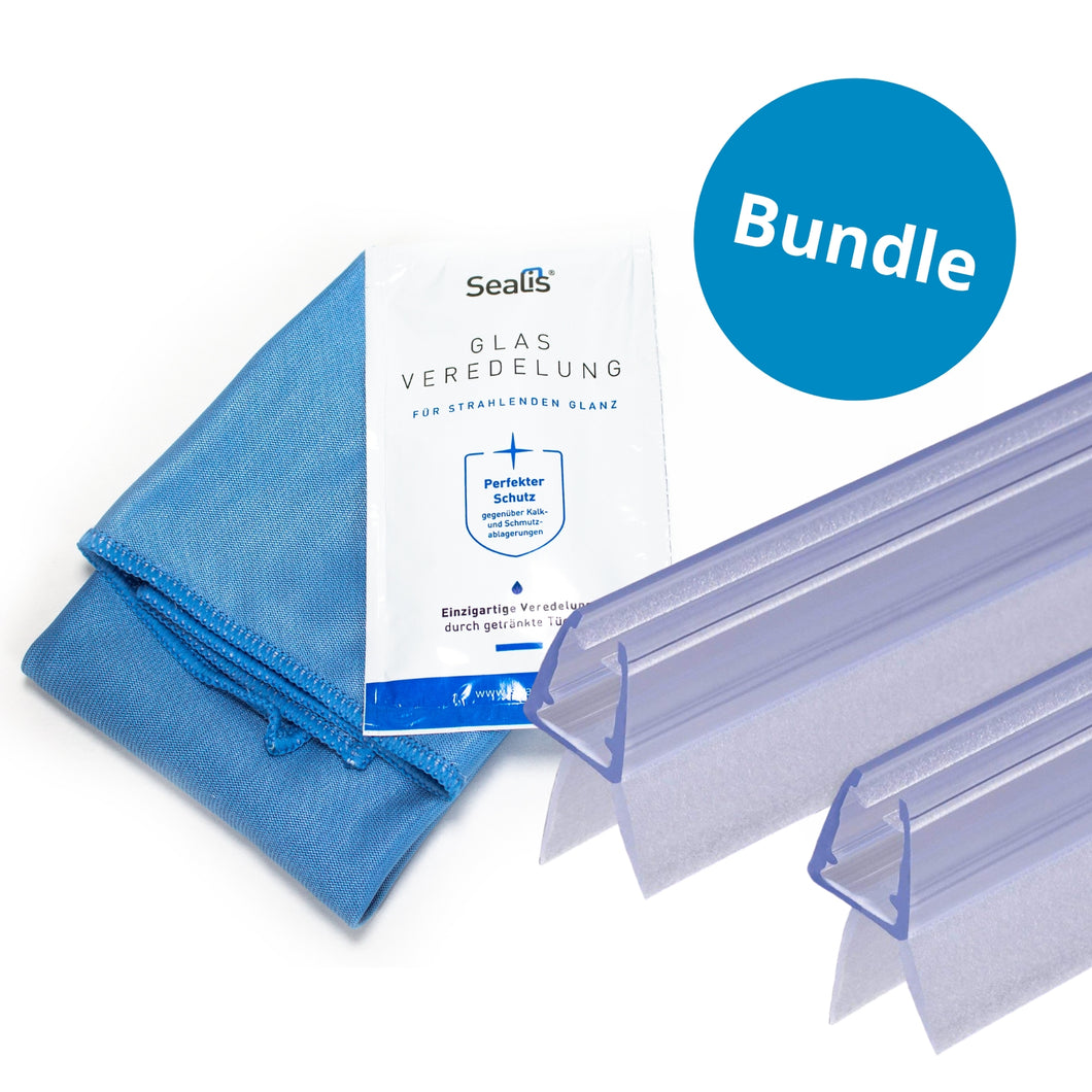 Bundle: 2x Sealis Duschdichtung transparent 100cm für 5-8mm Glasdicke + Glasveredelung mit einem hochwertigen Mikrofasertuch